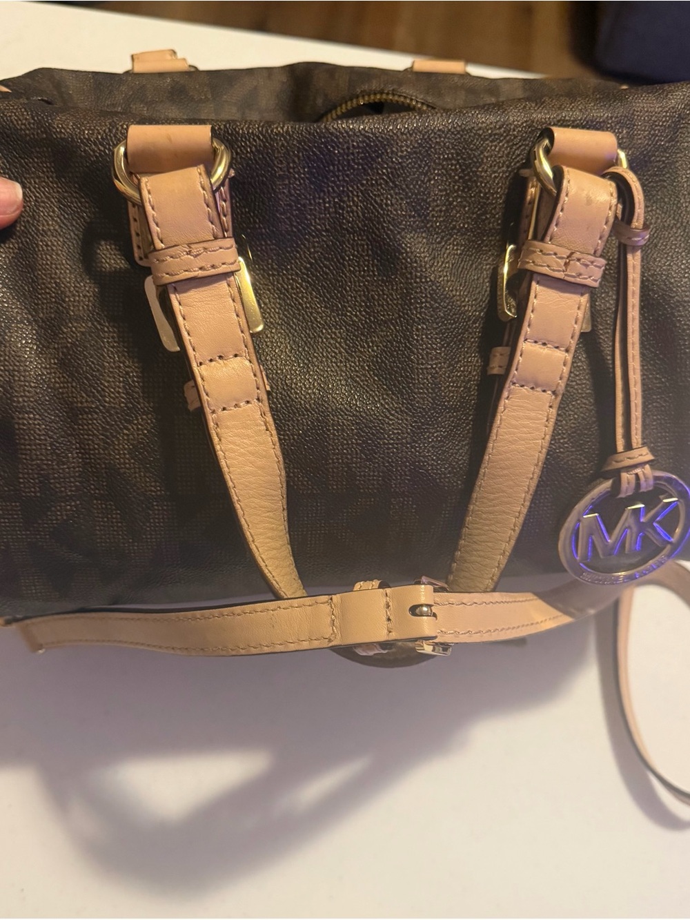 Michael Kors Dark Brown Monogram Satchel with Tan Leather Trim